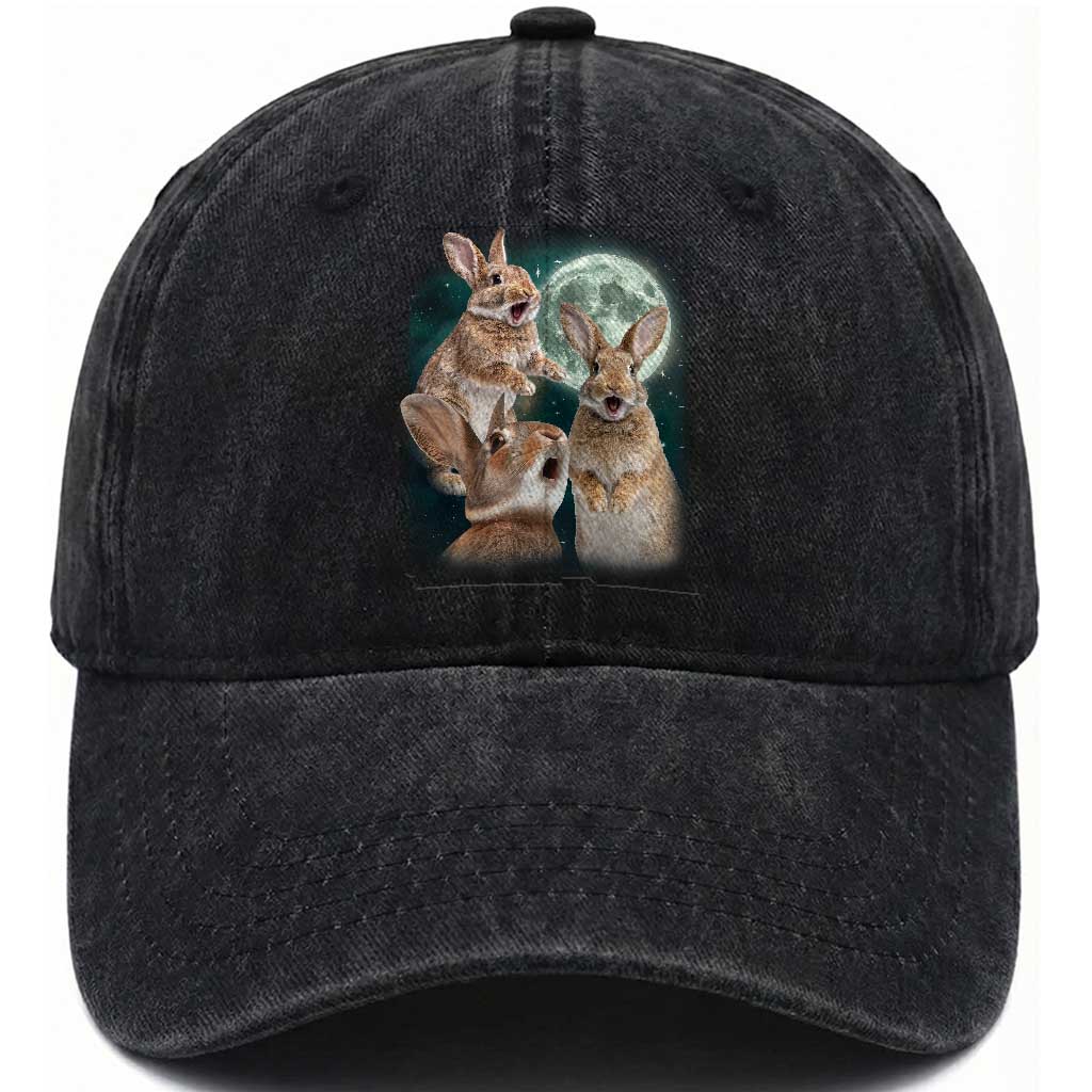 Funny Three Bunny Moon Humorous Rabbit Meme Washed Cotton Baseball Cap TS11 Washed Cap Universal Fit Black Print Your Wear
