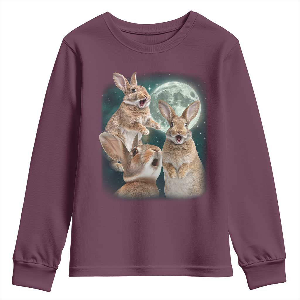 Funny Three Bunny Moon Humorous Rabbit Meme Youth Sweatshirt TS11 Maroon Print Your Wear