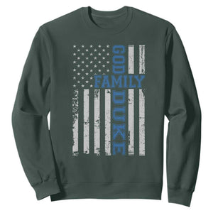 God Family Duke Sweatshirt Blue Game Day Vintage American Flag TS11 Dark Forest Green Print Your Wear