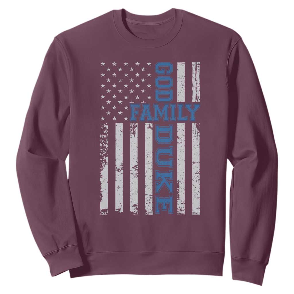 God Family Duke Sweatshirt Blue Game Day Vintage American Flag TS11 Maroon Print Your Wear