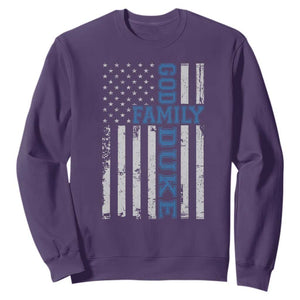 God Family Duke Sweatshirt Blue Game Day Vintage American Flag TS11 Purple Print Your Wear