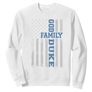 God Family Duke Sweatshirt Blue Game Day Vintage American Flag TS11 White Print Your Wear