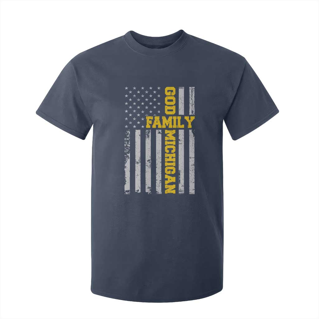 God Family Michigan T Shirt For Kid Game Day Vintage American Flag TS11 Navy Print Your Wear