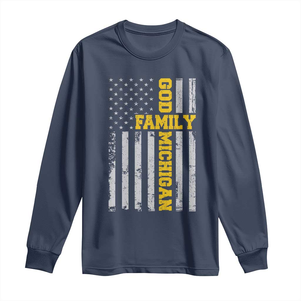 God Family Michigan Long Sleeve Shirt Game Day Vintage American Flag TS11 Navy Print Your Wear