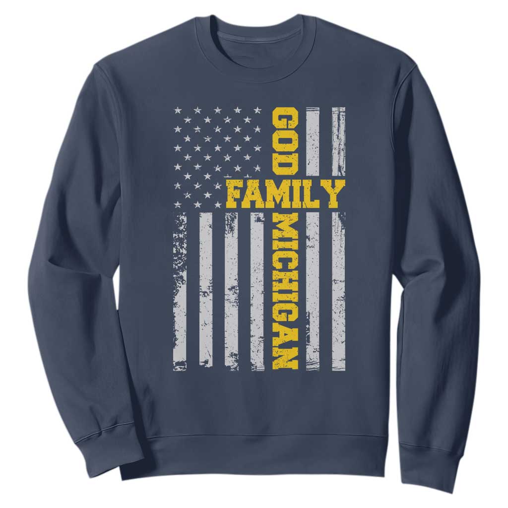 God Family Michigan Sweatshirt Game Day Vintage American Flag TS11 Navy Print Your Wear