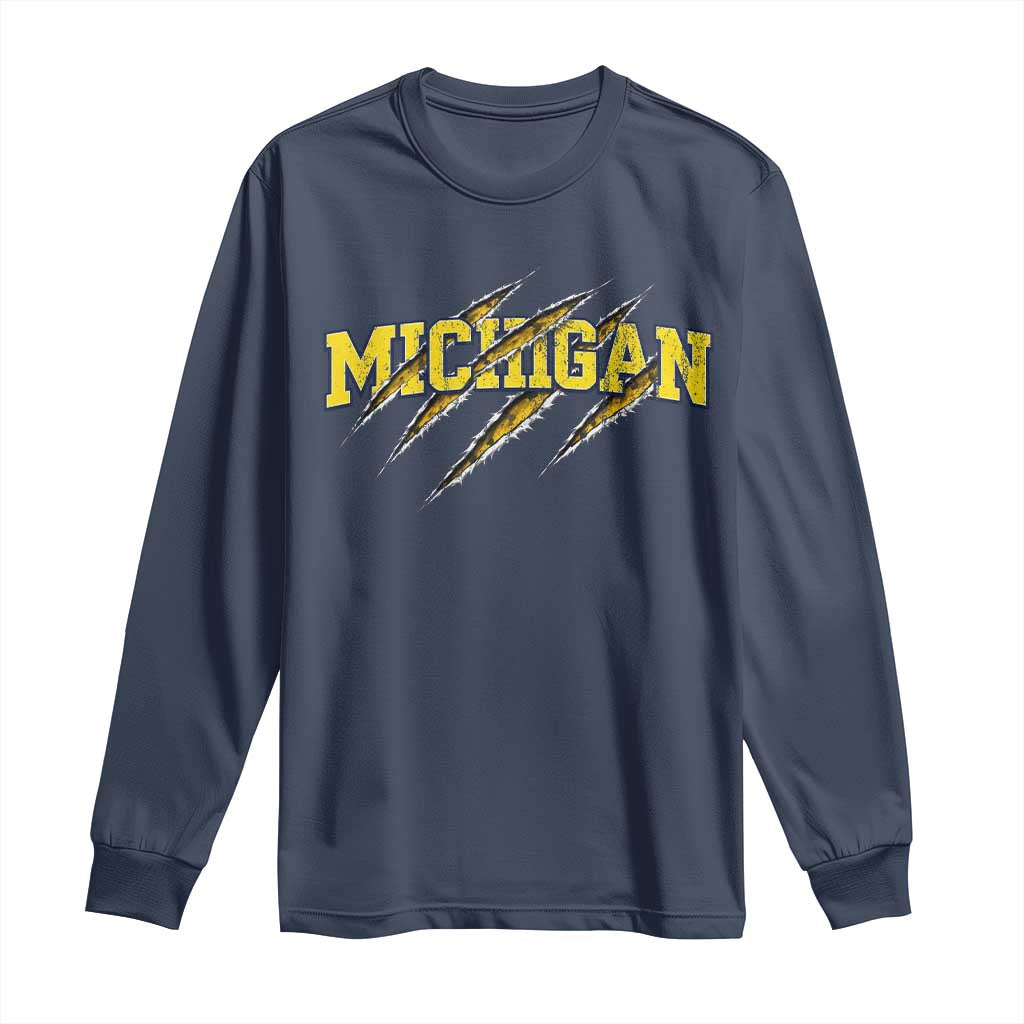 Michigan Fan Long Sleeve Shirt MI State Sports Game Day Scratch Mark TS11 Navy Print Your Wear