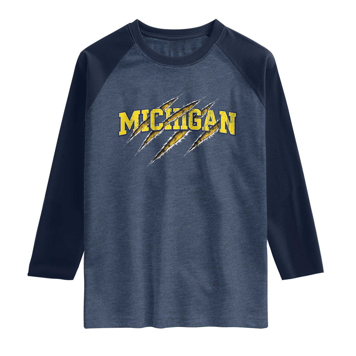 Michigan Fan Raglan Shirt MI State Sports Game Day Scratch Mark TS11 Heather Denim Navy Print Your Wear