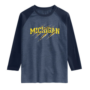 Michigan Fan Raglan Shirt MI State Sports Game Day Scratch Mark TS11 Heather Denim Navy Print Your Wear