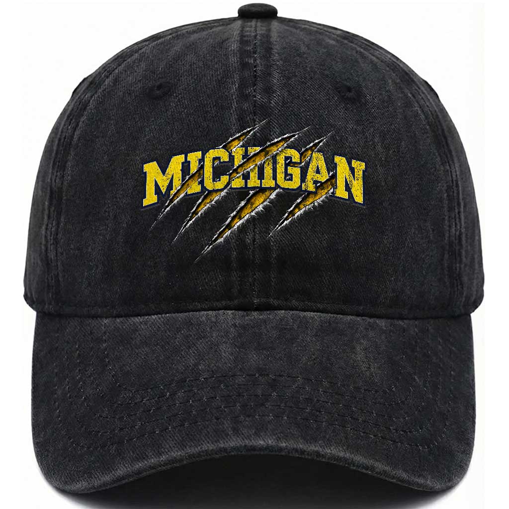 Michigan Fan Washed Cotton Baseball Cap MI State Sports Game Day Scratch Mark TS11 Print Your Wear