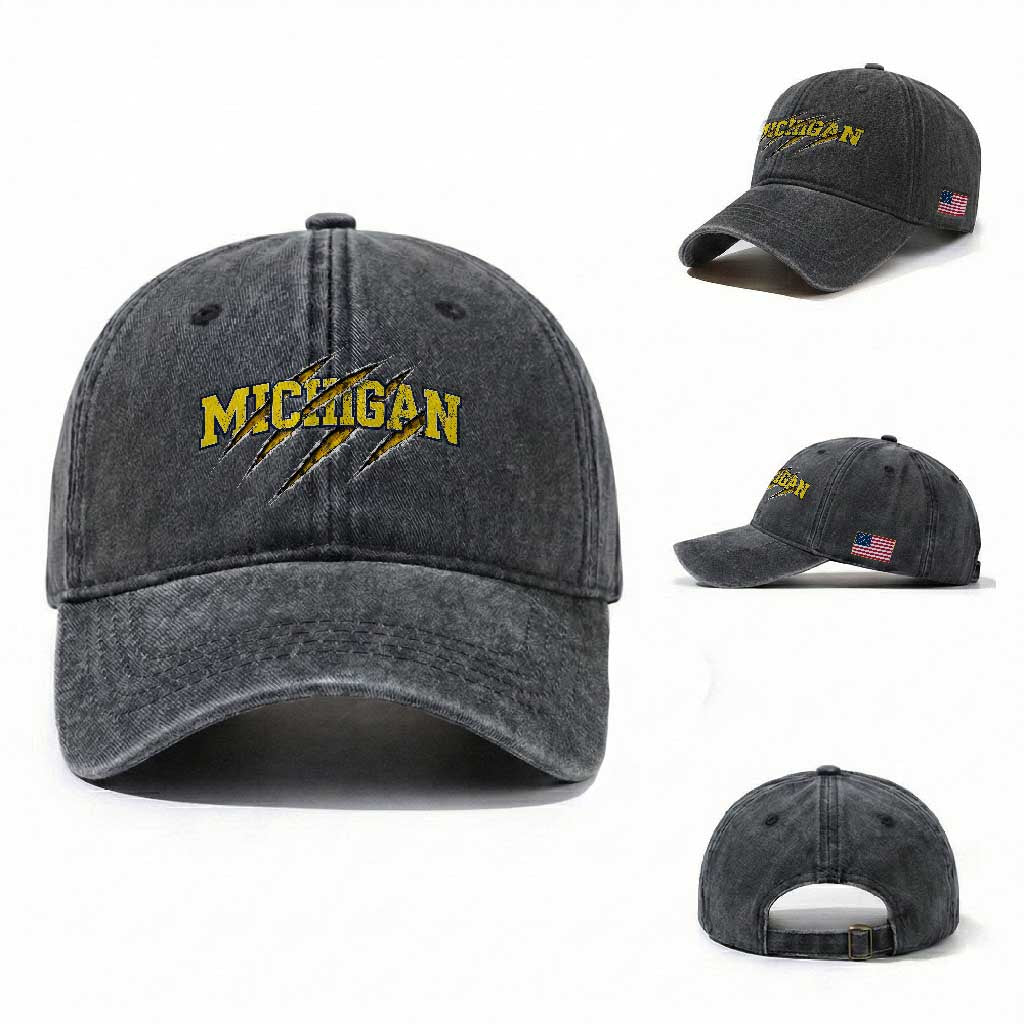 Michigan Fan Washed Cotton Baseball Cap MI State Sports Game Day Scratch Mark TS11 Washed Cap Universal Fit Dark Gray Print Your Wear