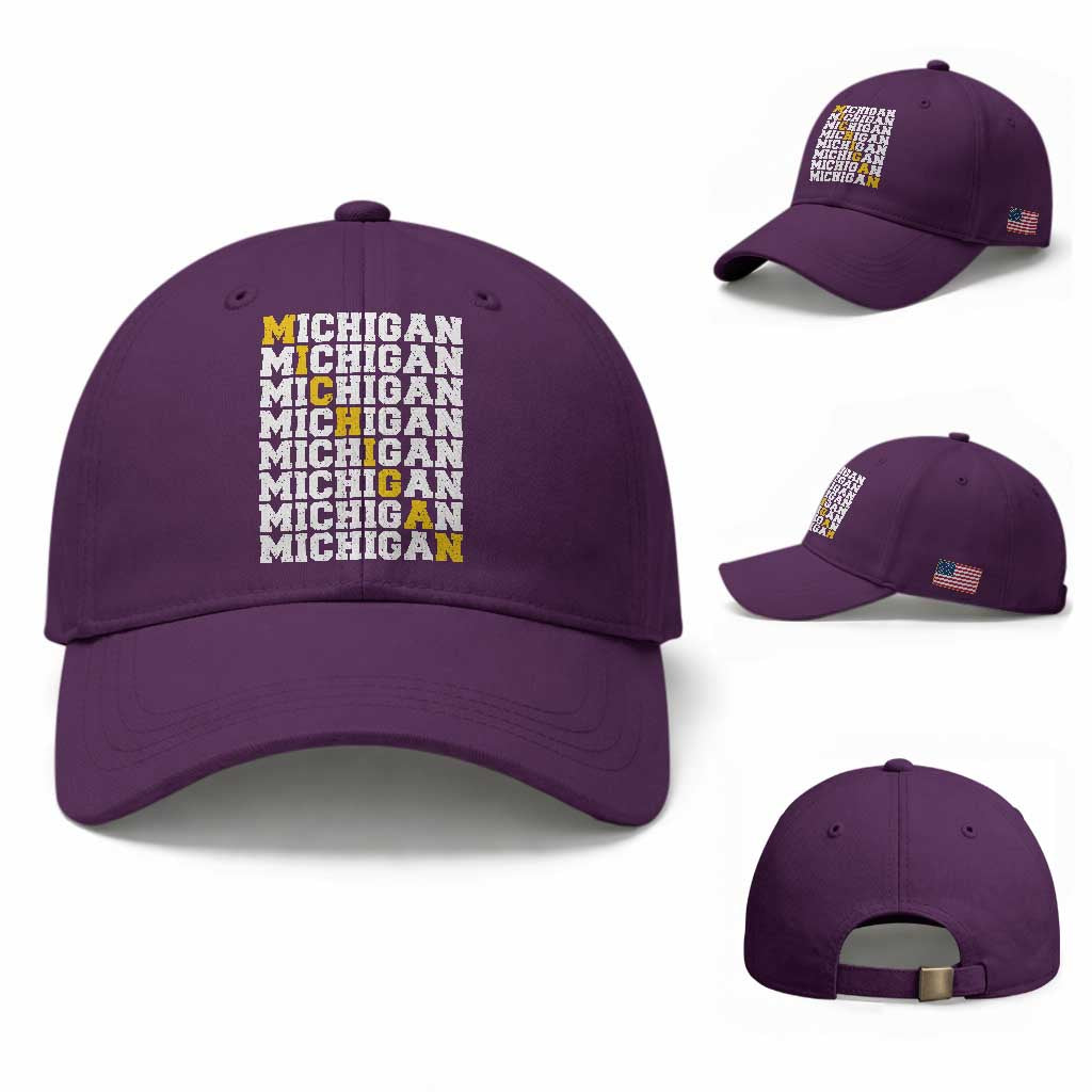 Michigan Fan Baseball Cap Yellow Bold Athletic Sport State Letters Game Day TS11 Baseball Cap Universal Fit Purple Print Your Wear