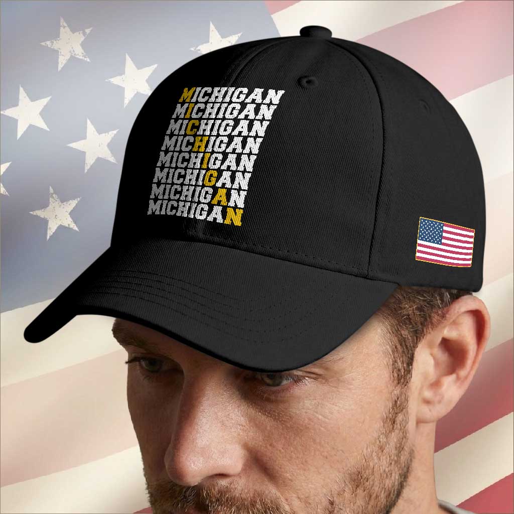 Michigan Fan Baseball Cap Yellow Bold Athletic Sport State Letters Game Day TS11 Print Your Wear