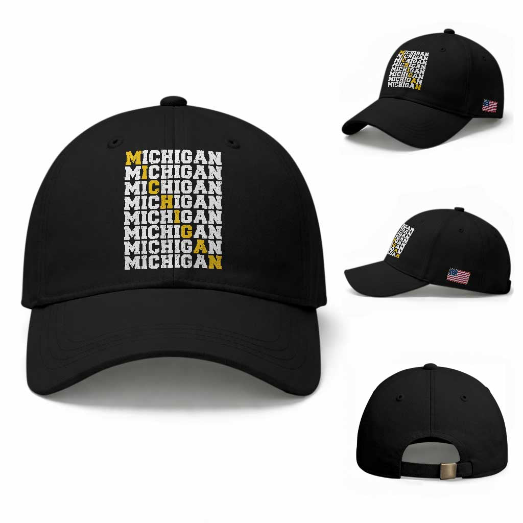 Michigan Fan Baseball Cap Yellow Bold Athletic Sport State Letters Game Day TS11 Baseball Cap Universal Fit Black Print Your Wear