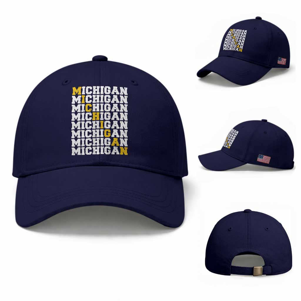 Michigan Fan Baseball Cap Yellow Bold Athletic Sport State Letters Game Day TS11 Baseball Cap Universal Fit Dark Blue Print Your Wear