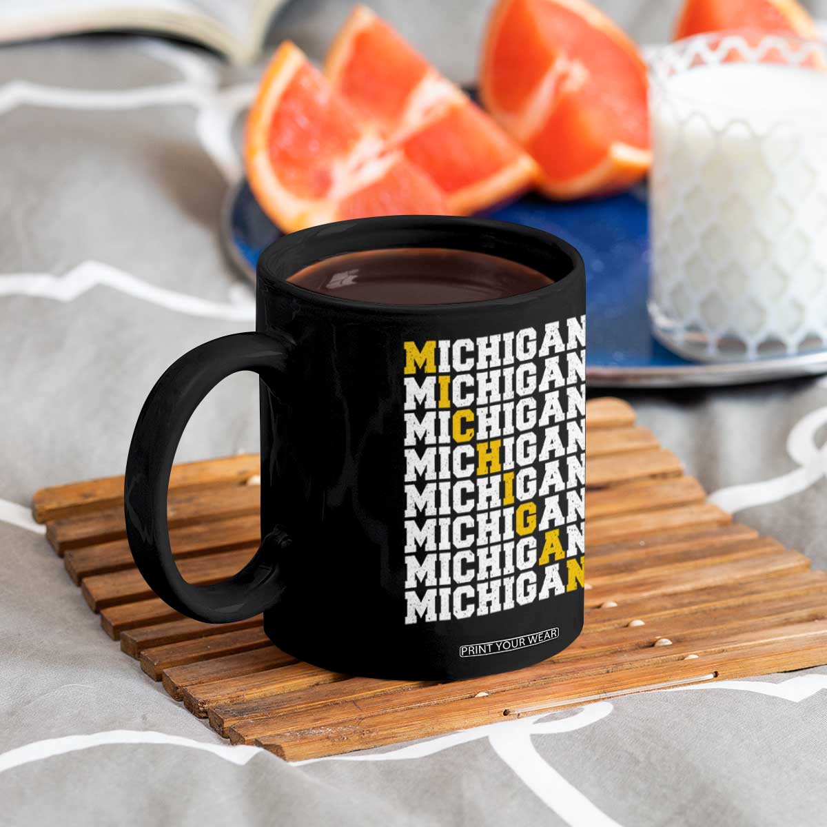 Michigan Fan Coffee Mug Yellow Bold Athletic Sport State Letters Game Day TS11 Print Your Wear