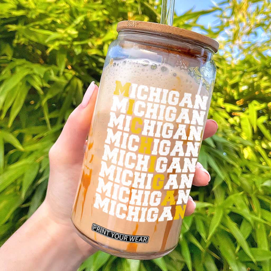 Michigan Fan Glass Can Yellow Bold Athletic Sport State Letters Game Day TS11 Black Print Your Wear