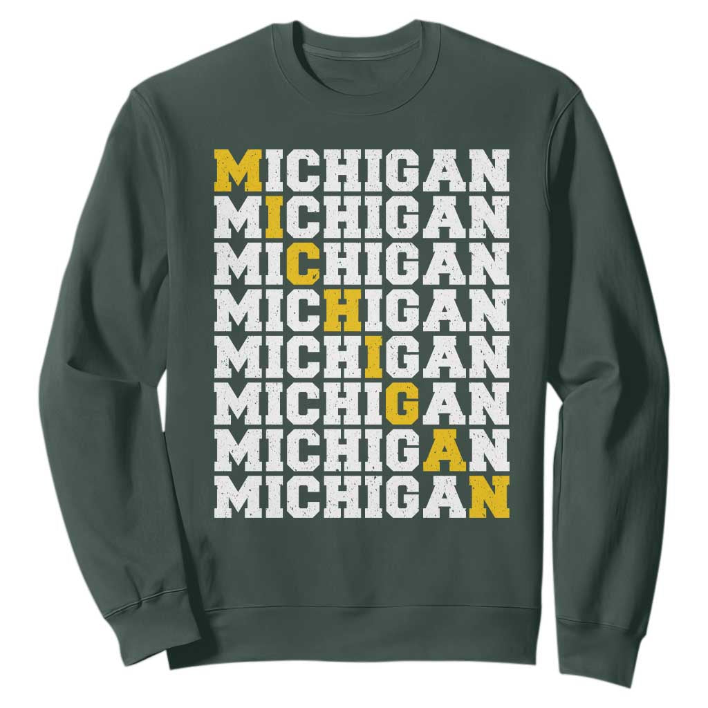 Michigan Fan Sweatshirt Yellow Bold Athletic Sport State Letters Game Day TS11 Dark Forest Green Print Your Wear