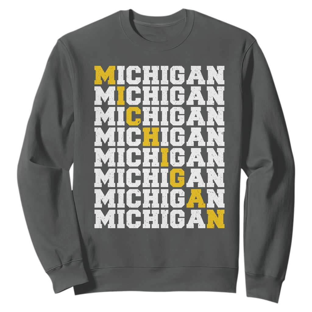 Michigan Fan Sweatshirt Yellow Bold Athletic Sport State Letters Game Day TS11 Dark Heather Print Your Wear