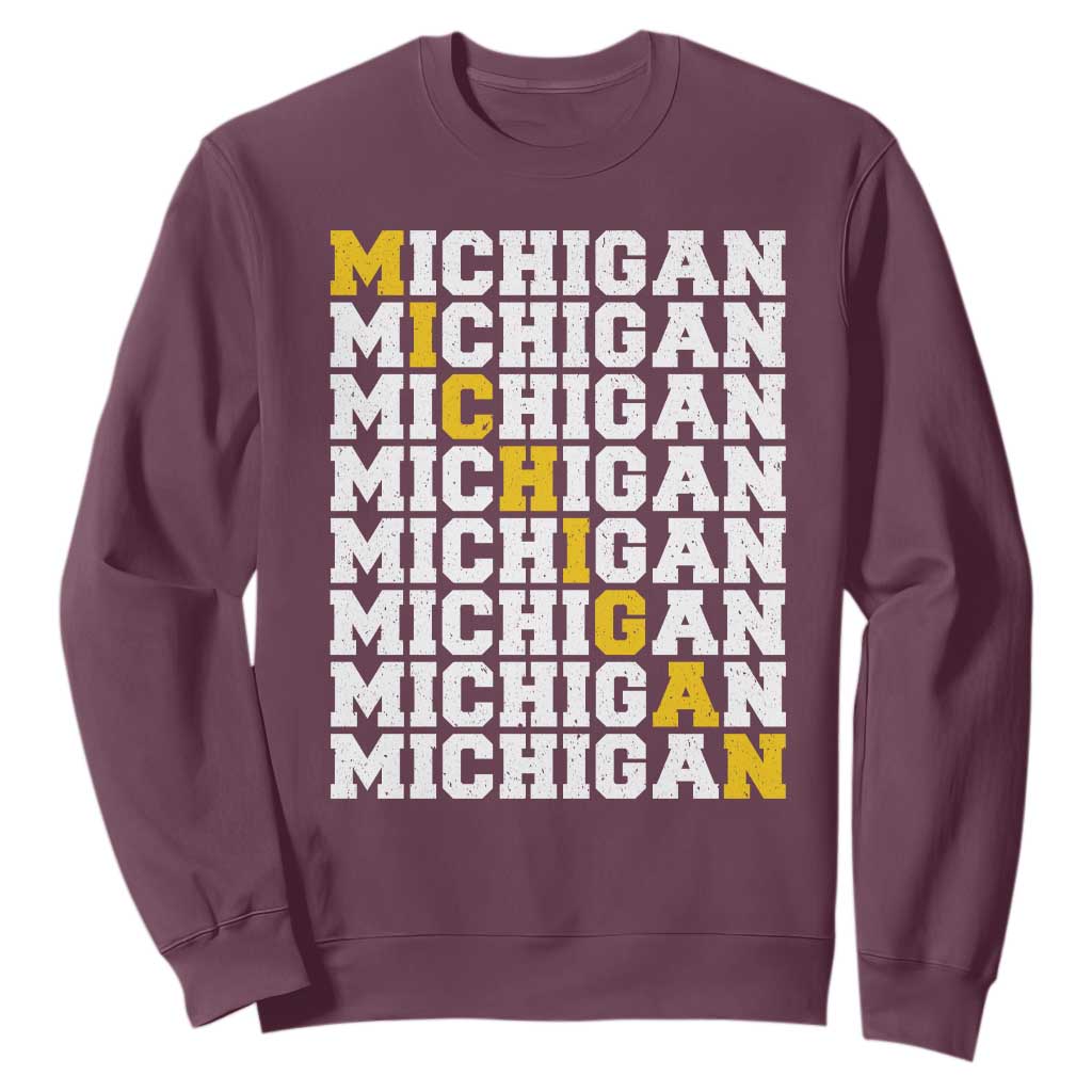 Michigan Fan Sweatshirt Yellow Bold Athletic Sport State Letters Game Day TS11 Maroon Print Your Wear