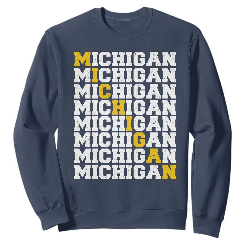 Michigan Fan Sweatshirt Yellow Bold Athletic Sport State Letters Game Day TS11 Navy Print Your Wear