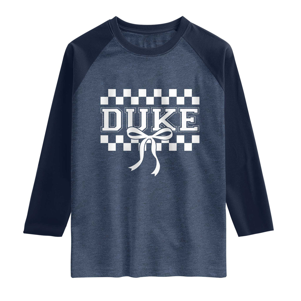 Duke Bold Letters Name Coquette Bow Checkered for Sports Fans Raglan Shirt TS11 Heather Denim Navy Print Your Wear