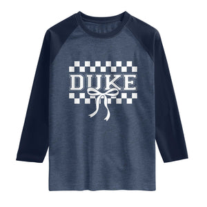 Duke Bold Letters Name Coquette Bow Checkered for Sports Fans Raglan Shirt TS11 Heather Denim Navy Print Your Wear
