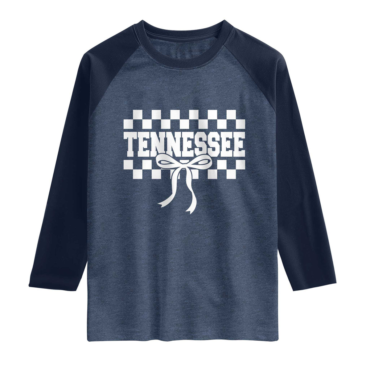Tennessee Fan Raglan Shirt TN State Sport Coquette Bow Checkered Design Game Day TS11 Heather Denim Navy Print Your Wear