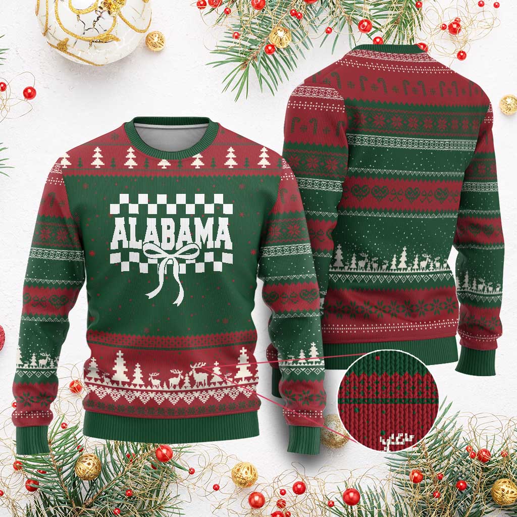 Alabama Fan Ugly Christmas Sweater AL State Sport Coquette Bow Checkered Design Game Day TS11 Red Green Print Your Wear