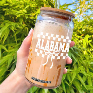 Alabama Fan Glass Can AL State Sport Coquette Bow Checkered Design Game Day TS11 Black Print Your Wear