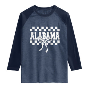 Alabama Fan Raglan Shirt AL State Sport Coquette Bow Checkered Design Game Day TS11 Heather Denim Navy Print Your Wear