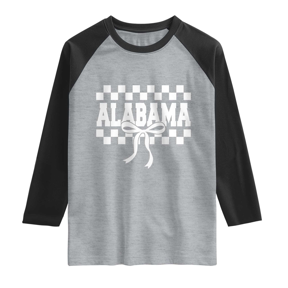 Alabama Fan Raglan Shirt AL State Sport Coquette Bow Checkered Design Game Day TS11 Heather Gray Black Print Your Wear