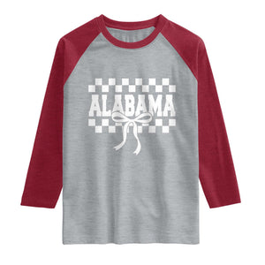 Alabama Fan Raglan Shirt AL State Sport Coquette Bow Checkered Design Game Day TS11 Heather Gray Heather Red Print Your Wear