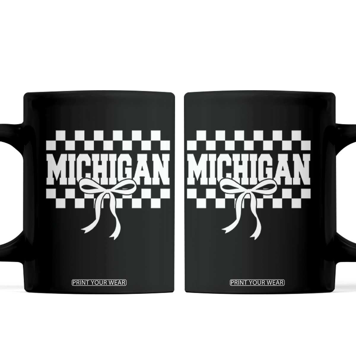 Michigan Fan Coffee Mug MI State Sport Coquette Bow Checkered Design Game Day TS11 Black Print Your Wear