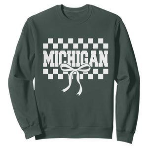 Michigan Fan Sweatshirt MI State Sport Coquette Bow Checkered Design Game Day TS11 Dark Forest Green Print Your Wear
