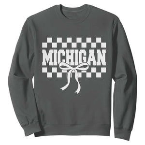 Michigan Fan Sweatshirt MI State Sport Coquette Bow Checkered Design Game Day TS11 Dark Heather Print Your Wear