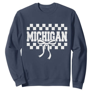 Michigan Fan Sweatshirt MI State Sport Coquette Bow Checkered Design Game Day TS11 Navy Print Your Wear
