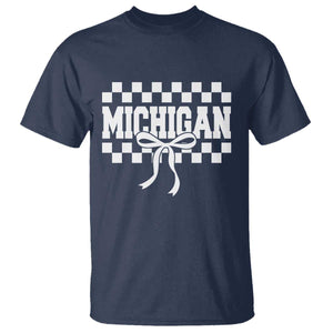 Michigan Fan T Shirt MI State Sport Coquette Bow Checkered Design Game Day TS11 Navy Print Your Wear