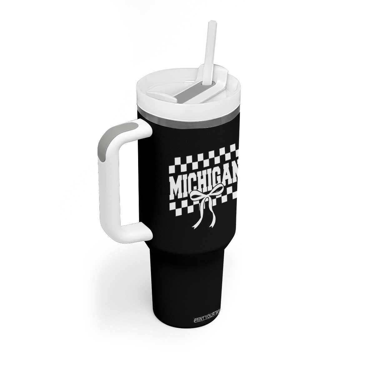 Michigan Fan Tumbler With Handle MI State Sport Coquette Bow Checkered Design Game Day TS11 Print Your Wear