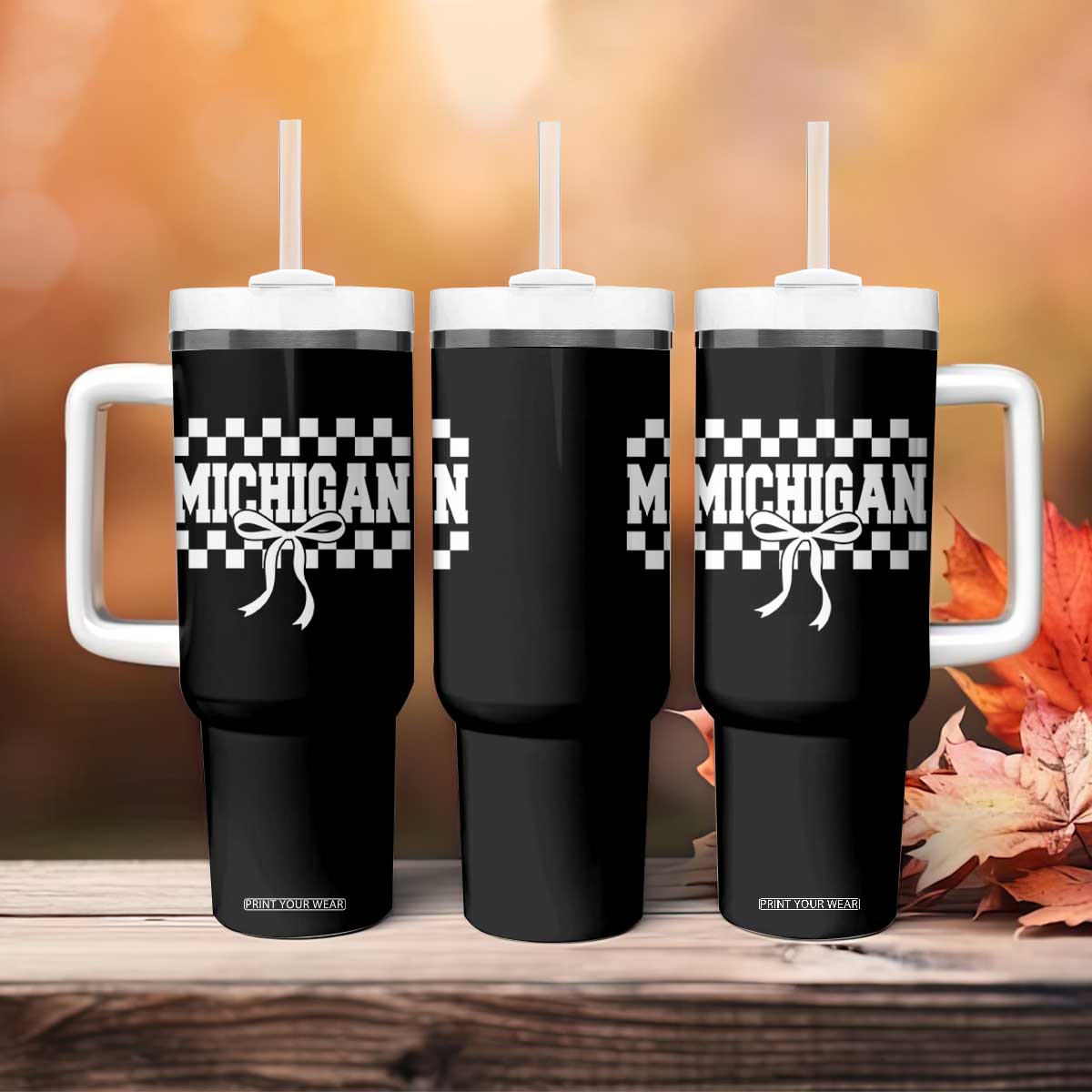 Michigan Fan Tumbler With Handle MI State Sport Coquette Bow Checkered Design Game Day TS11 Print Your Wear