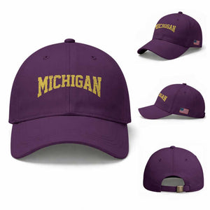 Michigan Fan Baseball Cap Yellow Bold Sport State Letters Game Day TS11 Baseball Cap Universal Fit Purple Print Your Wear