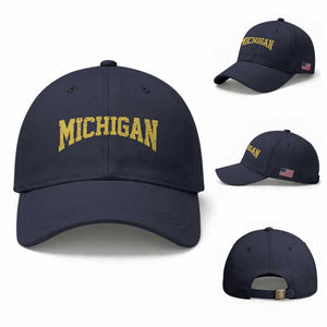 Michigan Fan Baseball Cap Yellow Bold Sport State Letters Game Day TS11 Baseball Cap Universal Fit Navy Print Your Wear