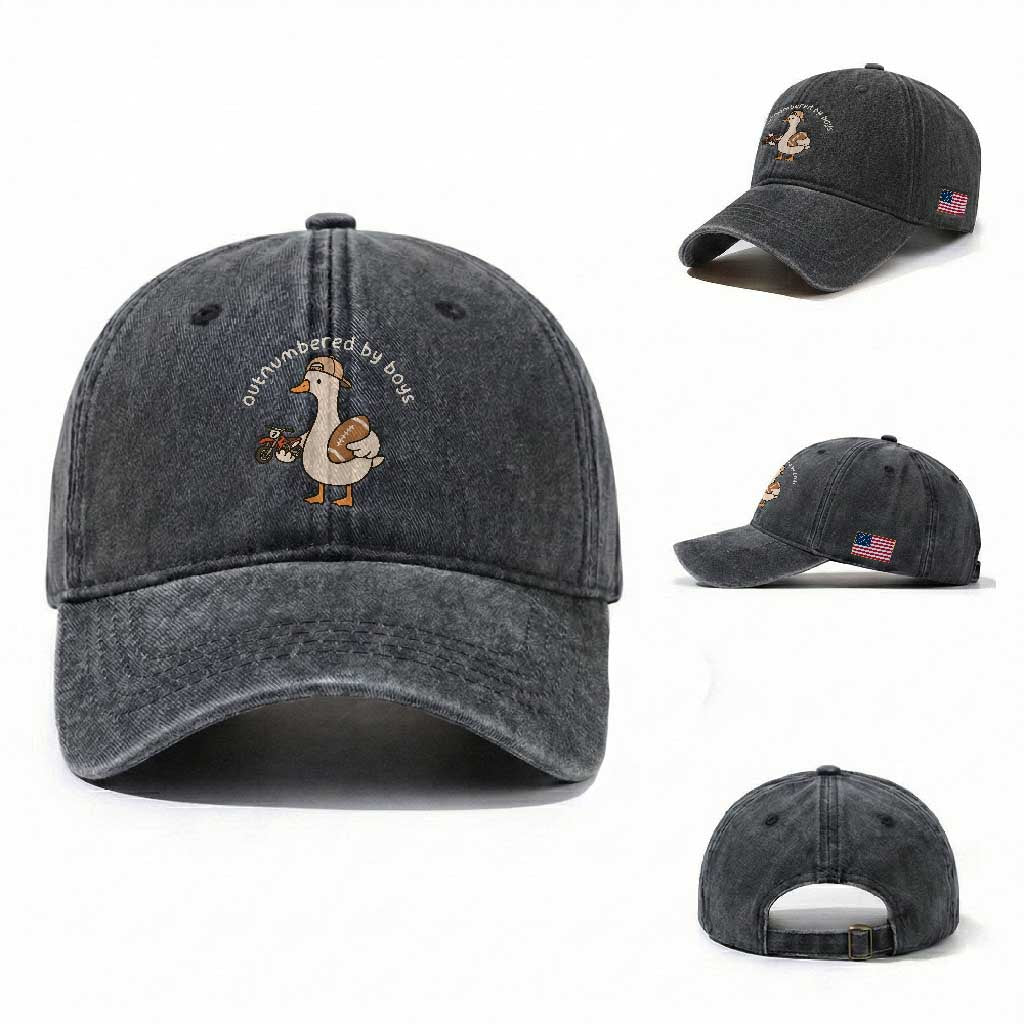 Outnumbered By Boys Funny Mom Goose Washed Cotton Baseball Cap TS11 Washed Cap Universal Fit Dark Gray Print Your Wear