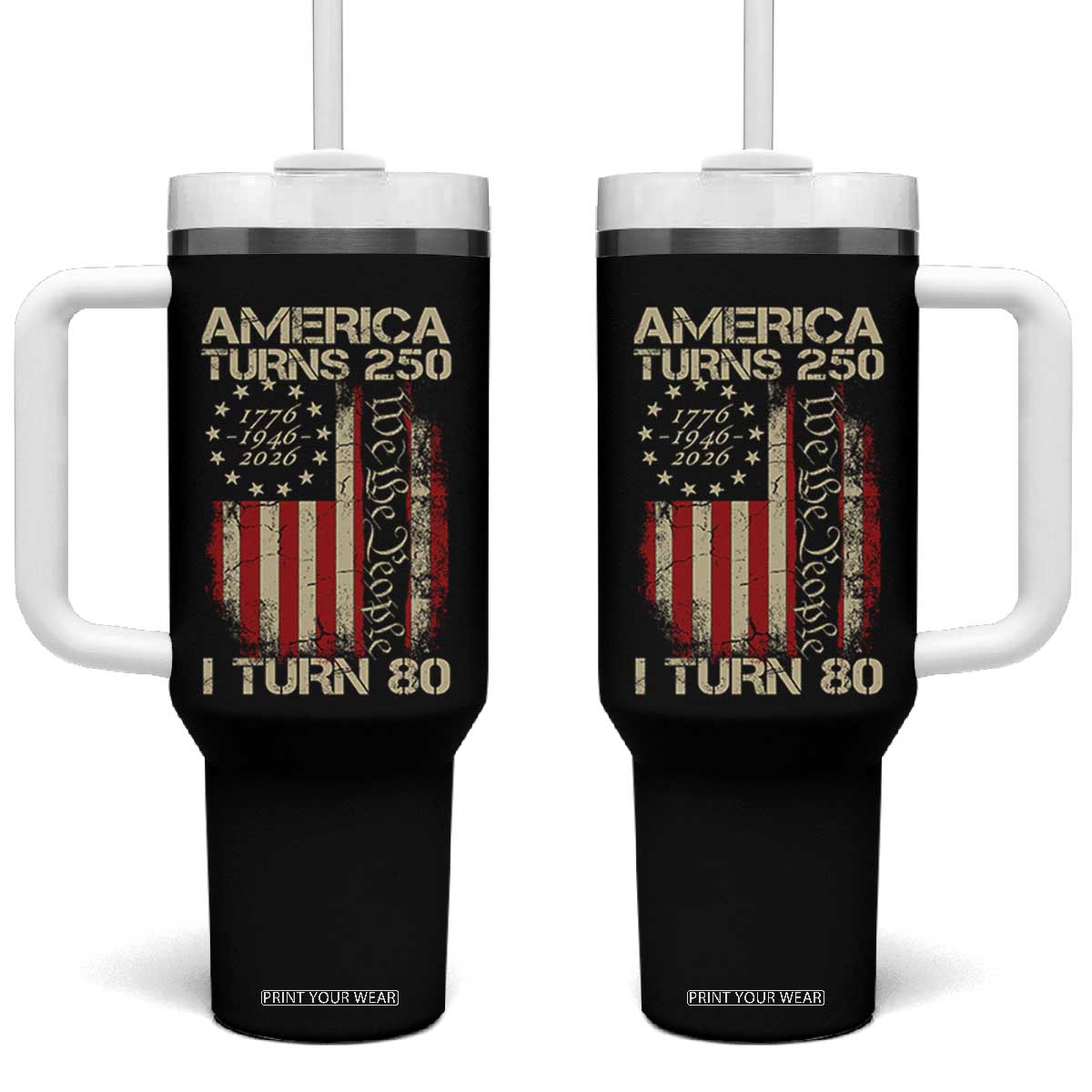 America Turns 250 I Turn 80 Tumbler With Handle 80th Birthday 250th Anniversary USA Vintage 1946 Bday TS11 One Size: 40 oz Black Print Your Wear