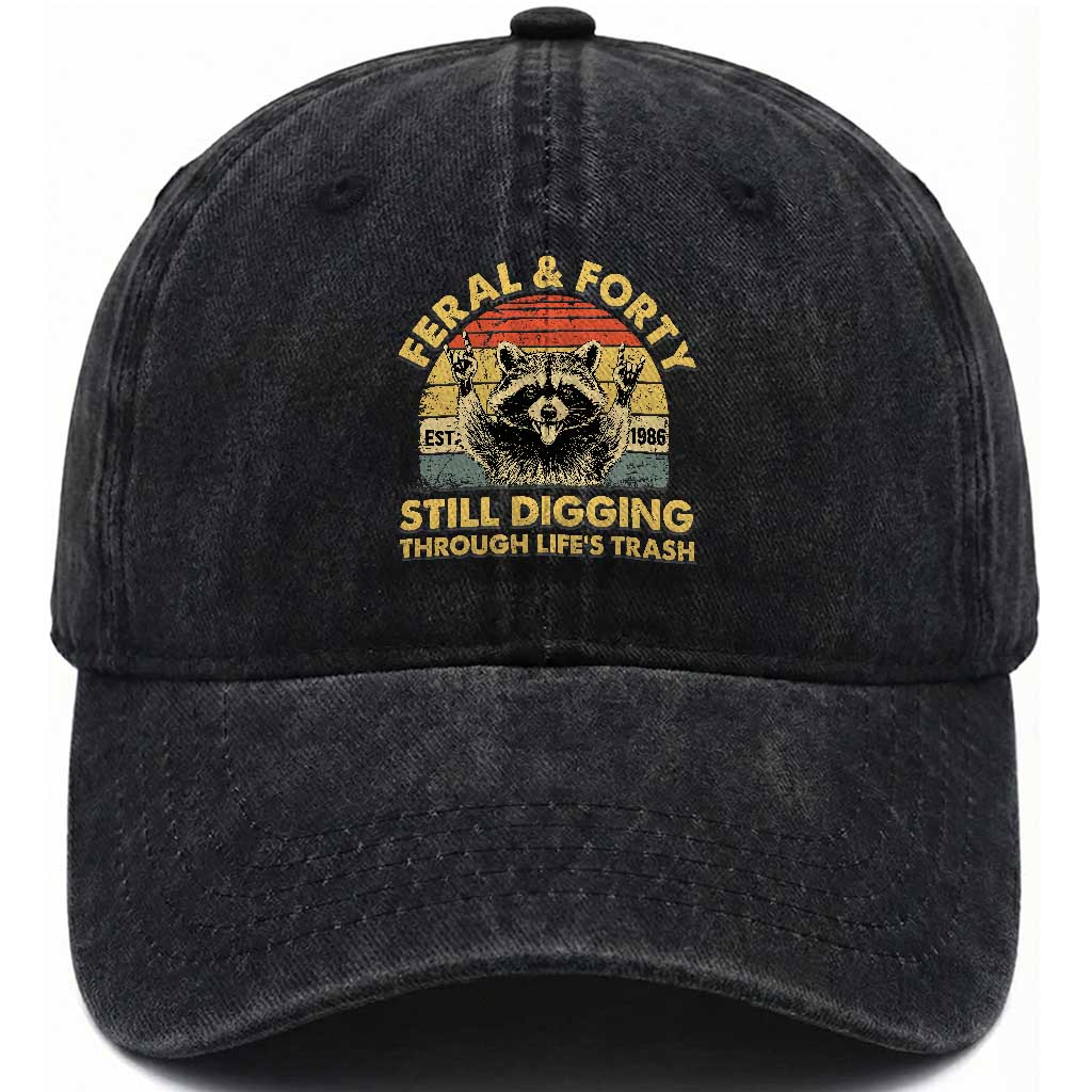 40th Birthday Raccoon Washed Cotton Baseball Cap Feral And Forty Still Digging Through Life's Trash Est 1986 TS11 Print Your Wear