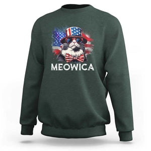 Funny 4th Of July Sweatshirt Meowica American Flag USA Cat TS11 Dark Forest Green Print Your Wear