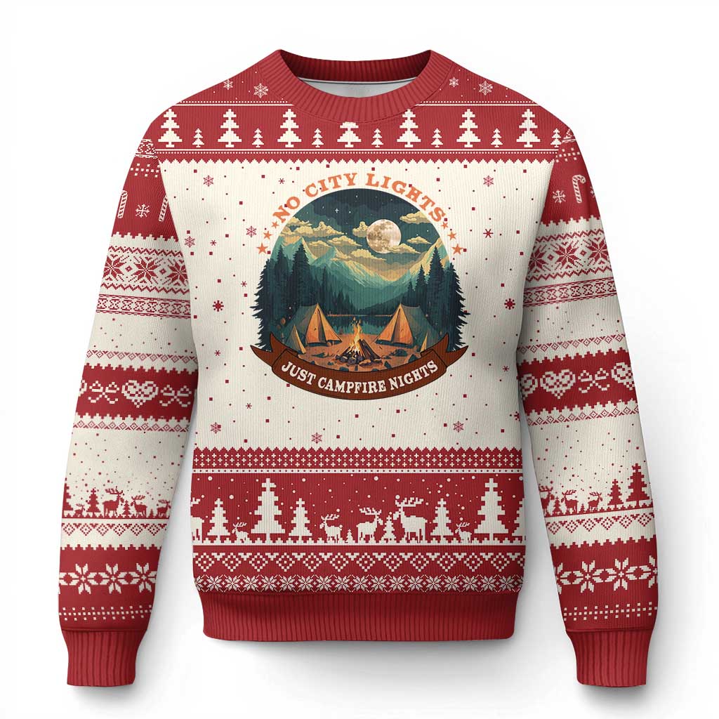 Funny No City Lights Just Campfire Nights Ugly Christmas Sweater Camping Lover