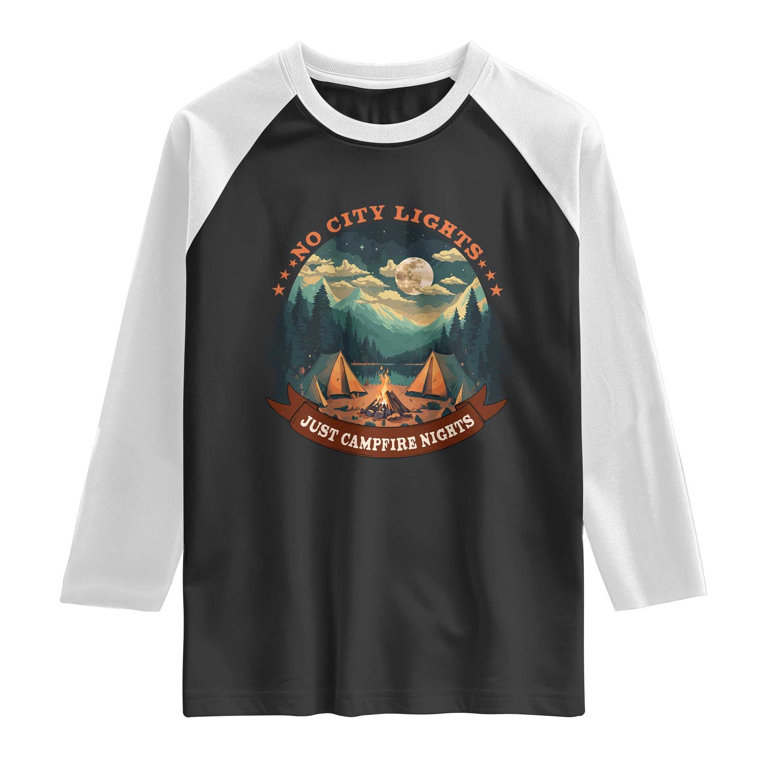 Funny No City Lights Just Campfire Nights Raglan Shirt Camping Lover