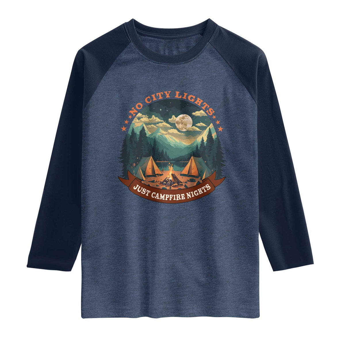 Funny No City Lights Just Campfire Nights Raglan Shirt Camping Lover