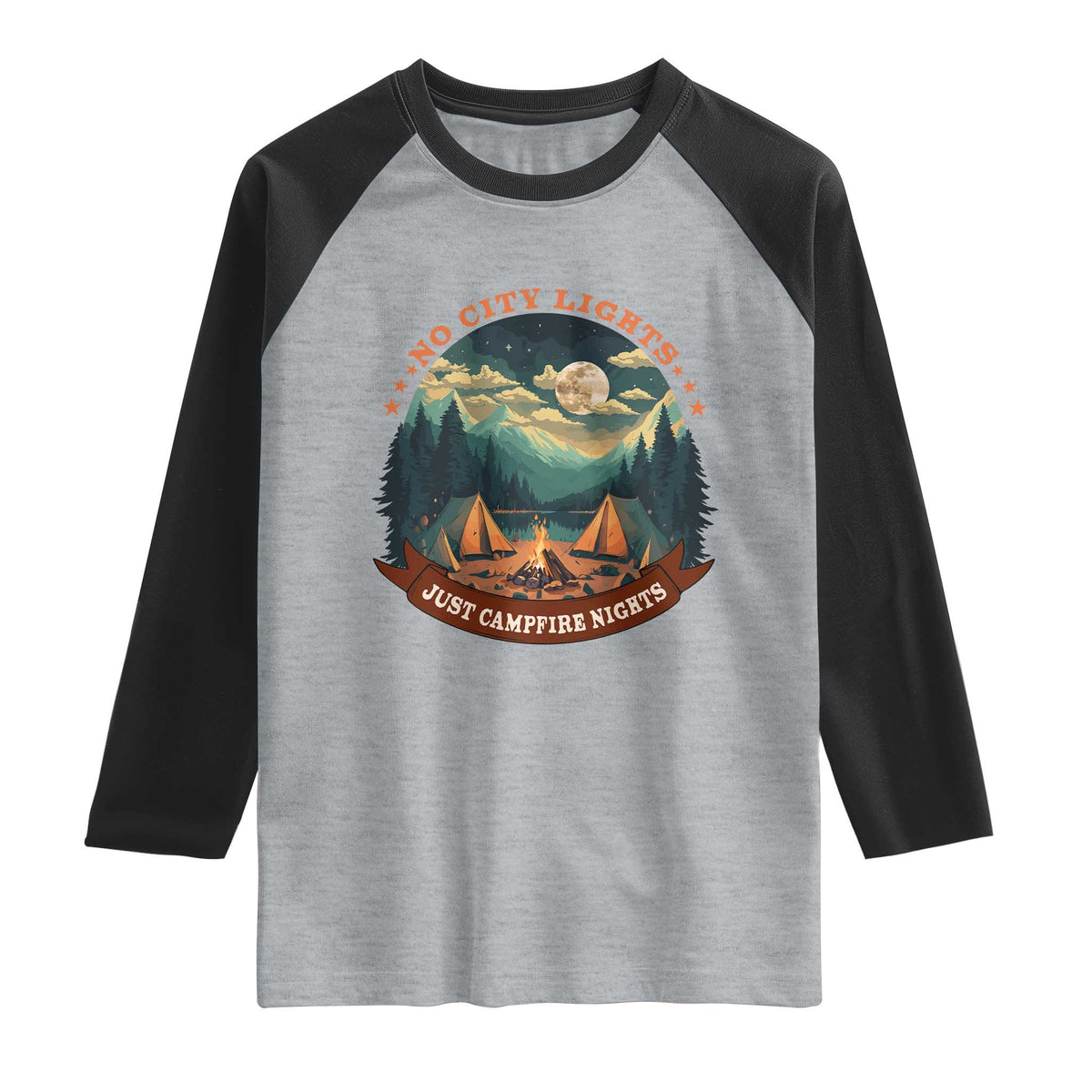 Funny No City Lights Just Campfire Nights Raglan Shirt Camping Lover