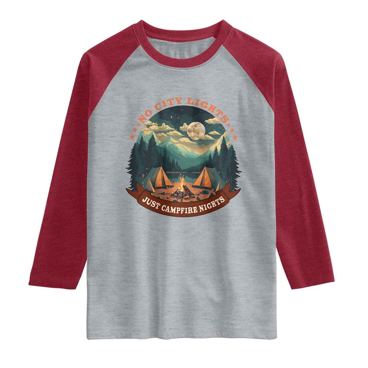 Funny No City Lights Just Campfire Nights Raglan Shirt Camping Lover